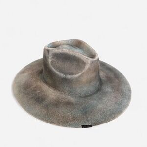 Distressed burnt look gray, brown, black & blue felt wide cowboy flat brim hat